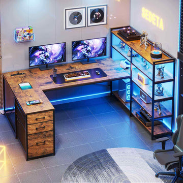 SEDETA® 64.5 Inch Reversible L Shaped Gaming Desk U Shaped Computer Desk with Power Outlet LED Lights and Storage Shelves