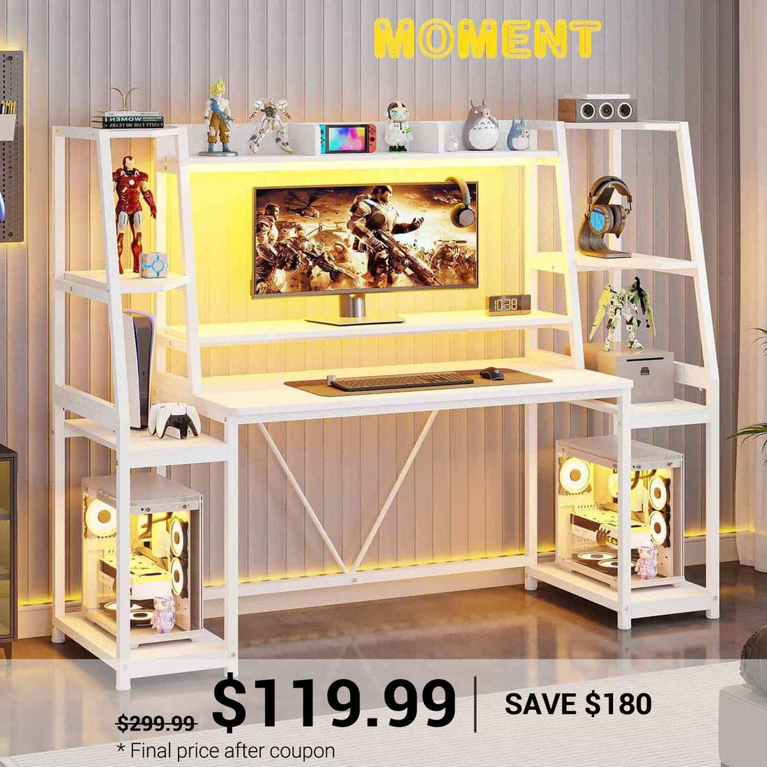 SEDETA | 65.7 Inch LED Gaming Desk Workstation with Storage Shelves for PC Gamers