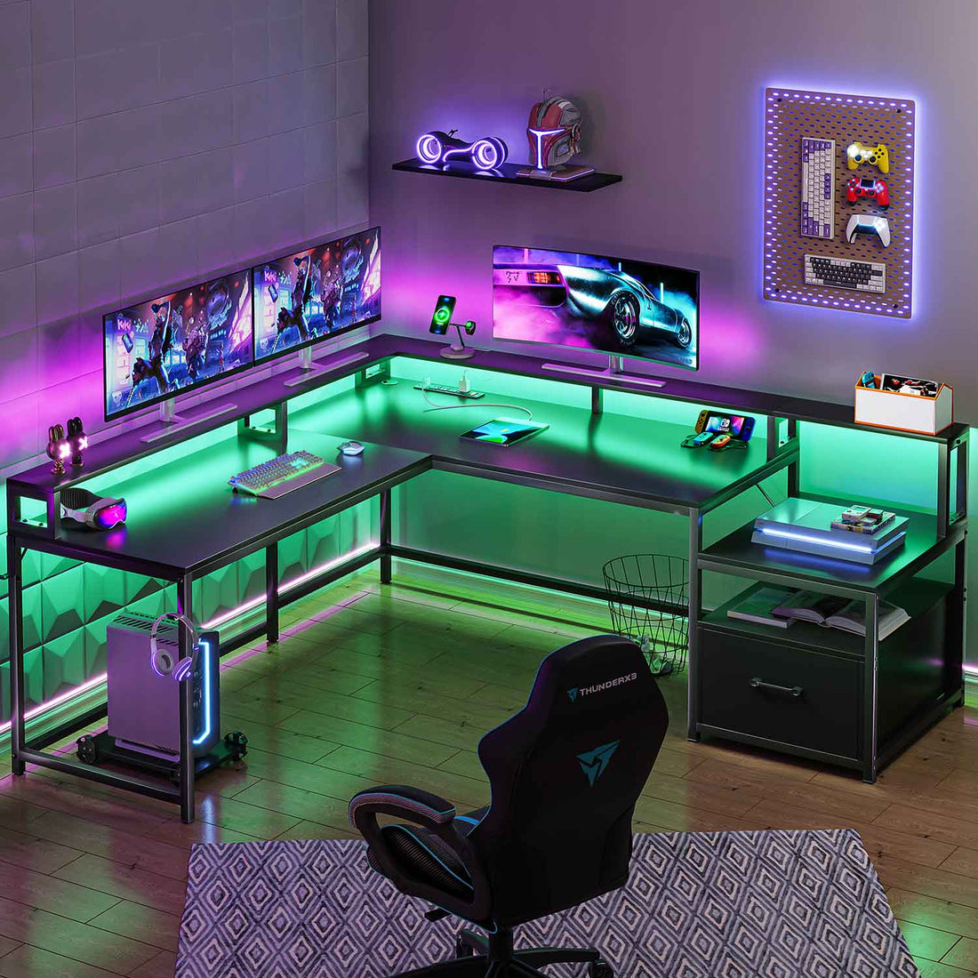 SEDETA - 66 Inch Corner L Shaped Computer Desk Office Desk Gaming Table with Led Lights File Drawer Power Outlet Monitor Shelf Printer Storage Shelves