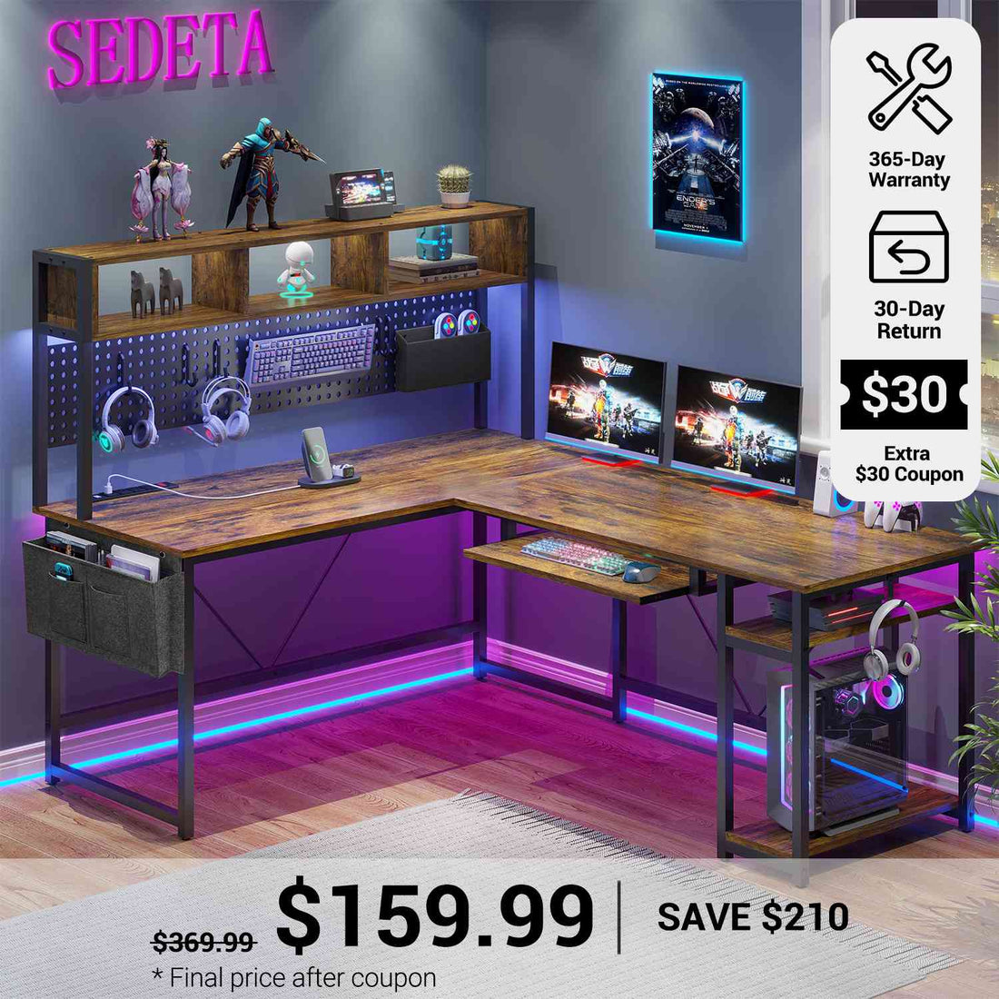 SEDETA® 67 Inch LED Gaming Desk Reversible L Shaped Computer Desk with Power Outlet Pegboard Storage Bag for Home Office