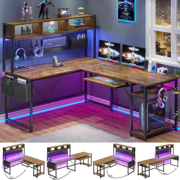 SEDETA | 67 Inch L Shaped Gaming Desk Reversible Computer Desk with LED Lights Power Outlet Pegboard Storage Bag