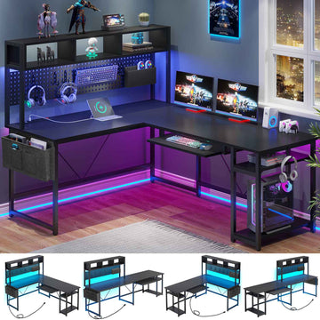 SEDETA 67 Inch L Shaped Gaming Desk Reversible Computer Desk with Led Lights Power Outlet Pegboard