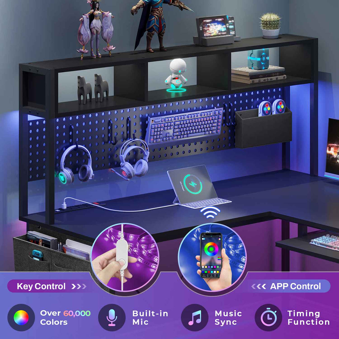 SEDETA - 67 Inch L Shaped Gaming Desk Reversible Computer Desk with Led Lights Power Outlet Pegboard Keyboard Tray and Storage Bag for Home Office