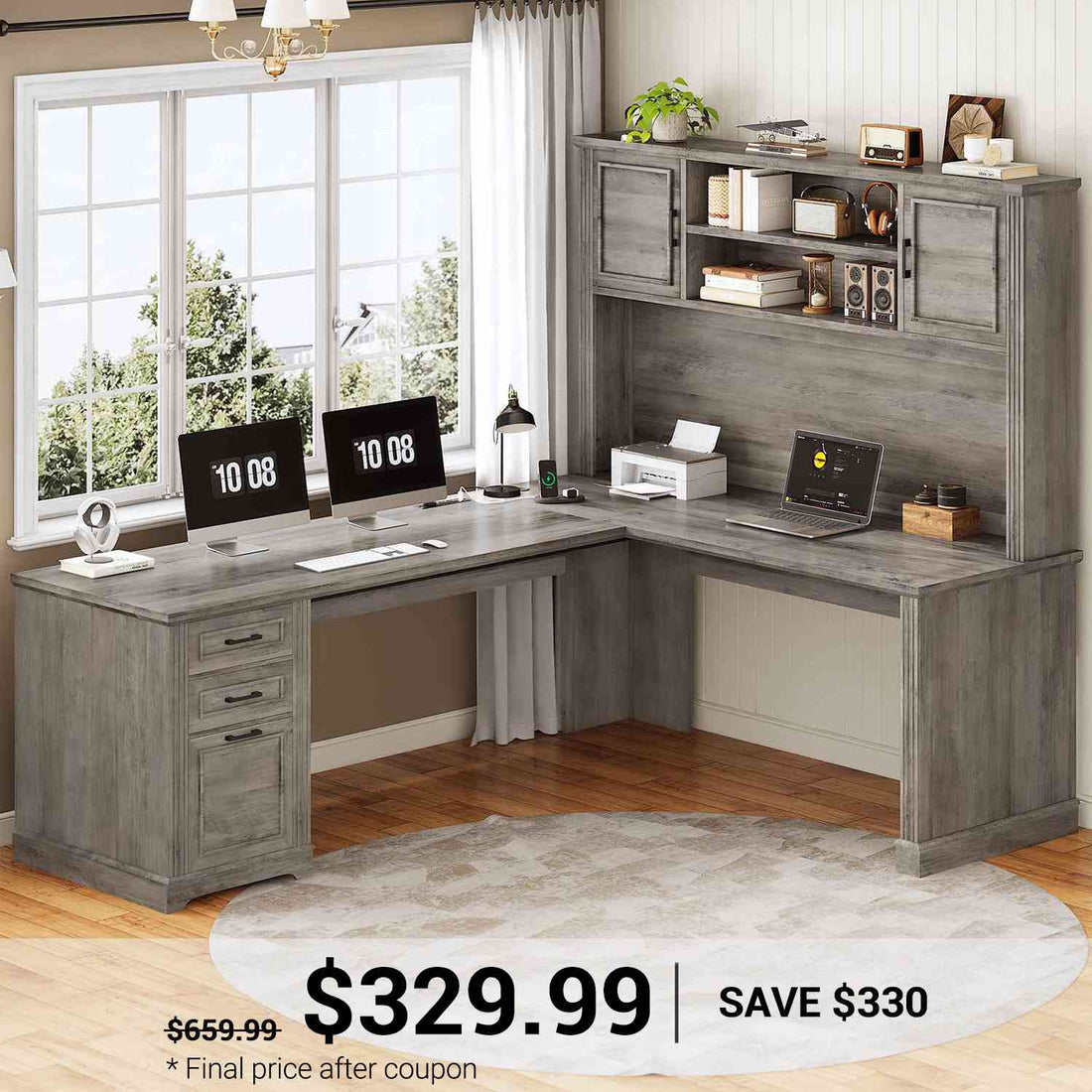 SEDETA | 68.9 Inch Farmhouse L Shaped Executive Desk with Hutch & Outlets, Corner Computer Desk with File Drawer, Storage Shelves for Home Office