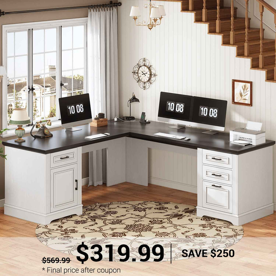 SEDETA 69 Inch Executive L Shaped Computer Desk with Drawers and Storage Cabinet Power Outlets Classical American Style