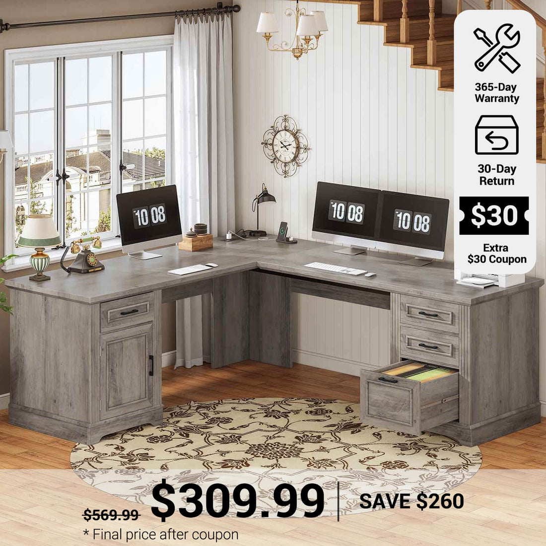 SEDETA_69 Inch Farmhouse Executive L Shaped Desk Corner Computer Desk with Drawers