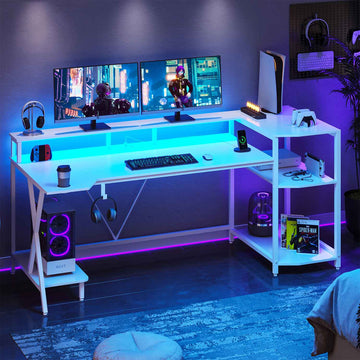 SEDETA | 70.8 Inch Gaming Desk with LED Lights and Storage Shelves