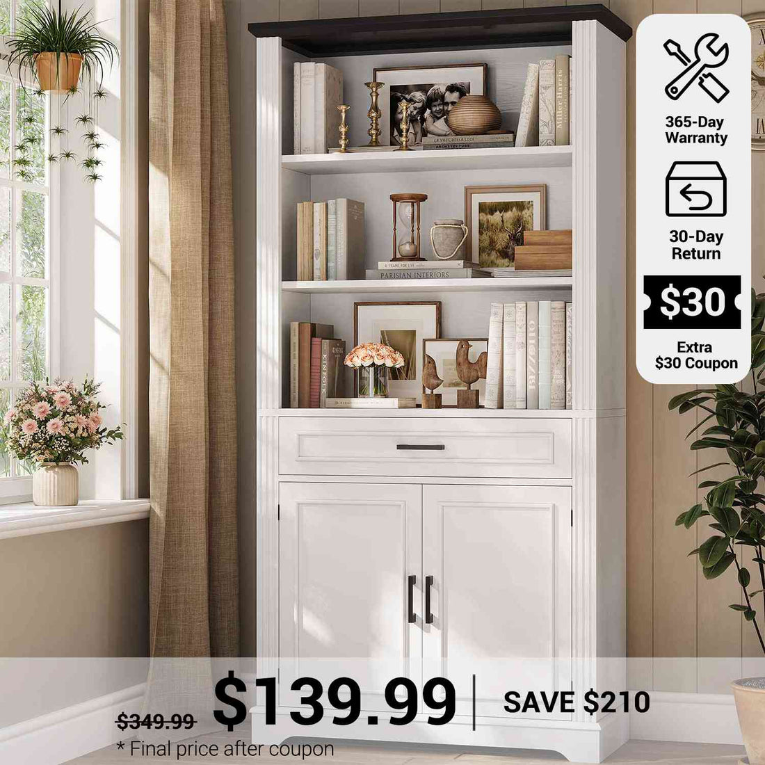 SEDETA® 70 Inch Tall Farmhouse Bookcase with Adjustable Cabinet Shelves and a Drawer 6 Shelf Display Storage for Home Office