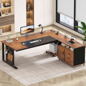 SEDETA 71 Inch Executive Desk with Rolling File Cabinet Office Computer Desk with Drawers Shelves Power Outlets CPU Stand Pegboard