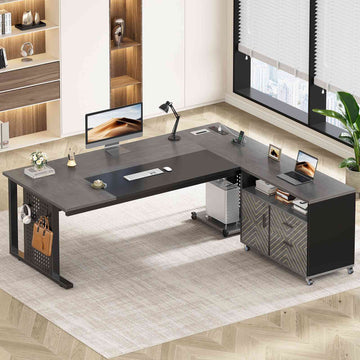 SEDETA® 71 Inch L Shaped Computer Desk with Rolling File Cabinet Office Executive Desk with Storage Drawers Power Outlets Pegboard