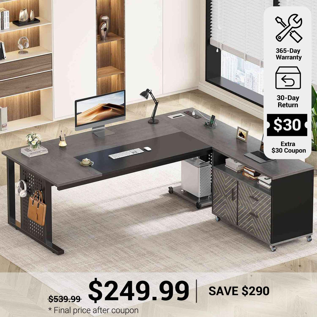 SEDETA® 71 Inch L Shaped Computer Desk with Rolling File Cabinet Office Executive Desk with Storage Drawers Power Outlets Pegboard