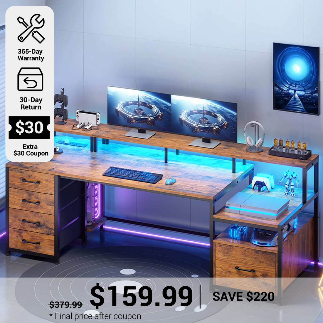 SEDETA® 75 Inch LED Gaming Desk Home Office Computer Desk with 5 Drawers Storage Shelves and Power Outlet