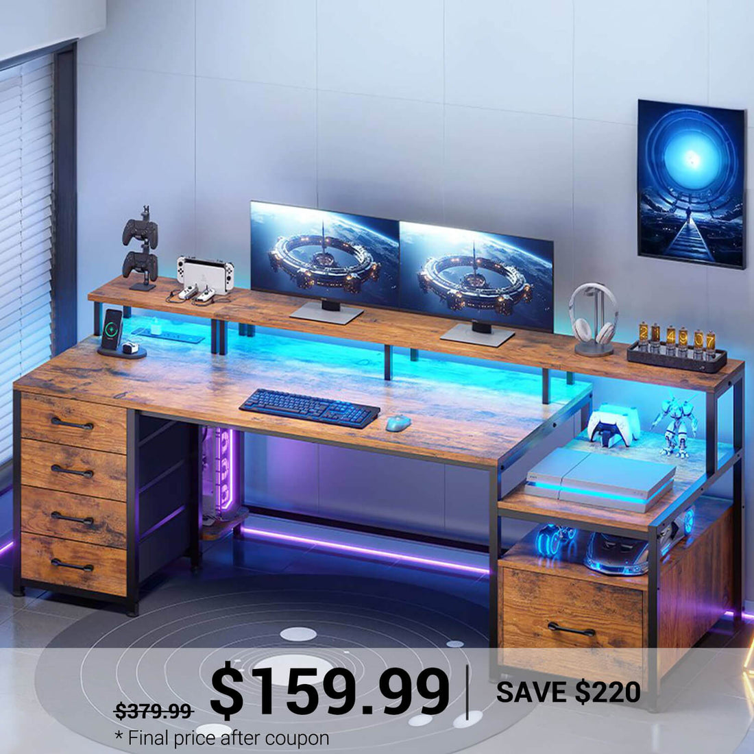 SEDETA | 75 Inch LED Gaming Desk Large Computer Desk with 5 Drawers and Storage Shelves for Home Office