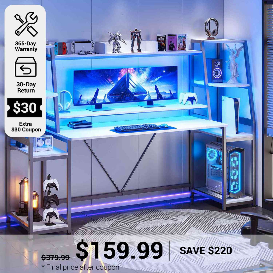 SEDETA® 78.8 Inch LED Gaming Desk Ergonomic Computer Table with Hutch