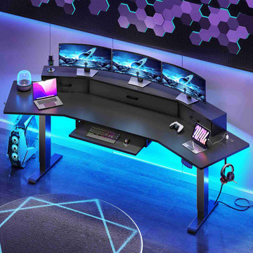 SEDETA | 78 Inch Electric Stand up Gaming Table Height Adjustable Computer Desk with Led Lights Power Outlet Drawers Keyboard Tray