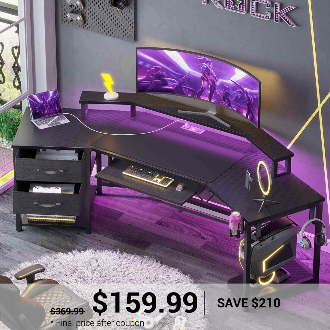 SEDETA 79 Inch LED Wraparound Shaped Gaming Desk with 2 Fabric Drawers