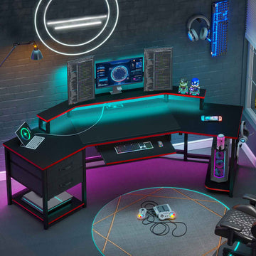 SEDETA | 79 Inch LED Wraparound Shaped Gaming Desk with 2 Fabric Drawers for Home Office