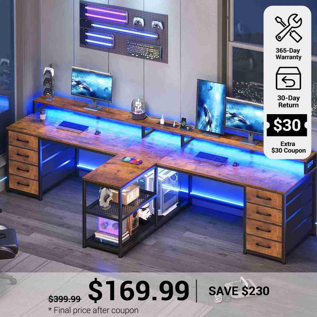 SEDETA® 94.5 Inch Long Office Computer Desk 2 Person Gaming Desk with Monitor Stand LED Lights 8 Drawers and Power Strip