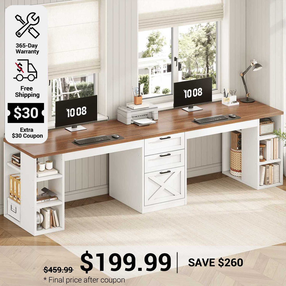 SEDETA 96.5 Inch Two Person Computer Desk with Drawers, Long Writing Desk, Storage Shelves, Farmhouse Engineered Wood Furniture