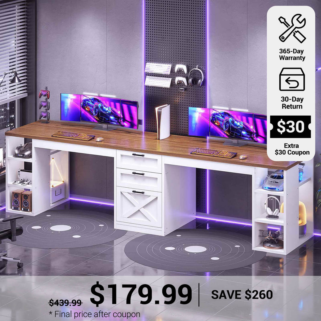 SEDETA_96.5 Inch Two Person Farmhouse Computer Desk with Drawers