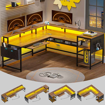 SEDETA - 96 Inch L Shaped Gaming Desk Reversible Computer Desk Gaming Desk with Power Outlets & LED Strip Monitor Shelf Keyboard Tray Pegboard and Storage Shelves for Home Office
